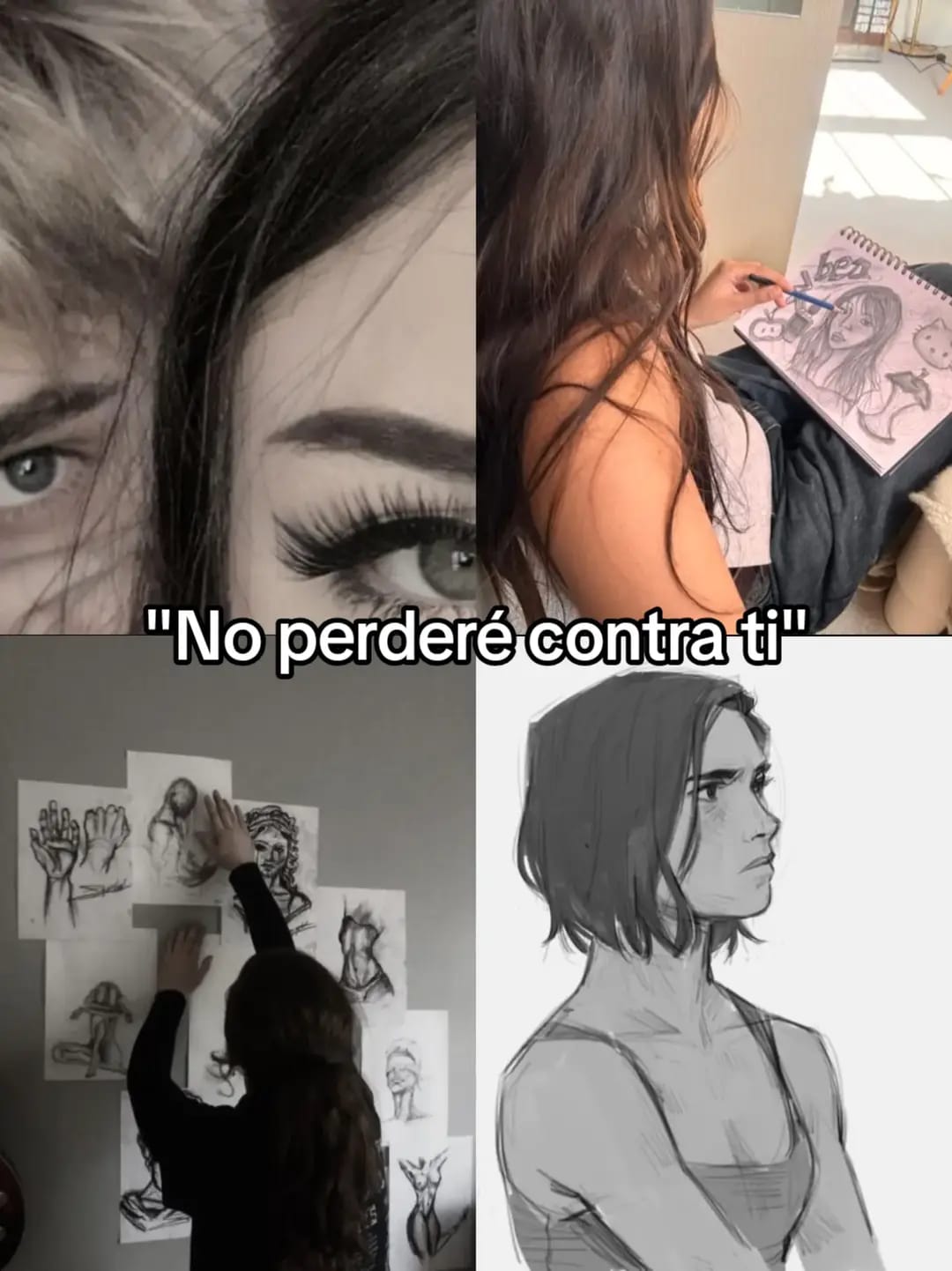 Collage artístico de Trazos de amor para principiantes: bocetos, miradas y la frase No perderé contra ti