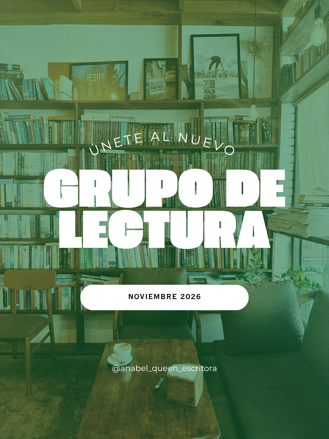 Cartel del nuevo grupo de lectura de noviembre 2026 sobre una librería en tonos verdes